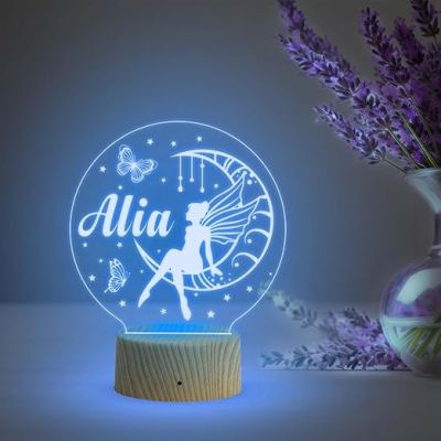 Girl Fairy Sitting On The Moon Stars Butterflies Personalized Lamp Night Light  Customized with Name  Birthday Gift for Kids  Automatic Color Changing Light