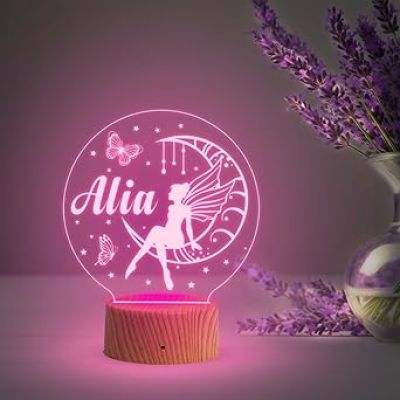 Girl Fairy Sitting On The Moon Stars Butterflies Personalized Lamp Night Light  Customized with Name  Birthday Gift for Kids  Automatic Color Changing Light