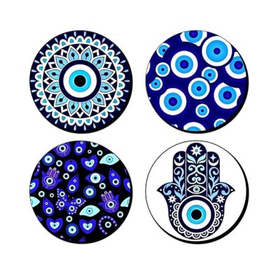 Set of 4 Evil Eye & Hasma Hand Printed Wooden Coaster for Tea Cups, Coffee Mugs and Glasses  Evil Eye Gifts