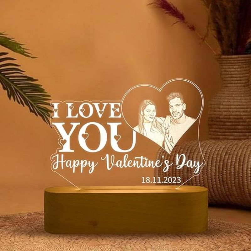 Personalized Happy Valentine Day Acrylic Led Lamp  Customized with Photo & Date  Warm White Light  Valentine Day Gift for Wife Husband Girlfriend Boyfriend