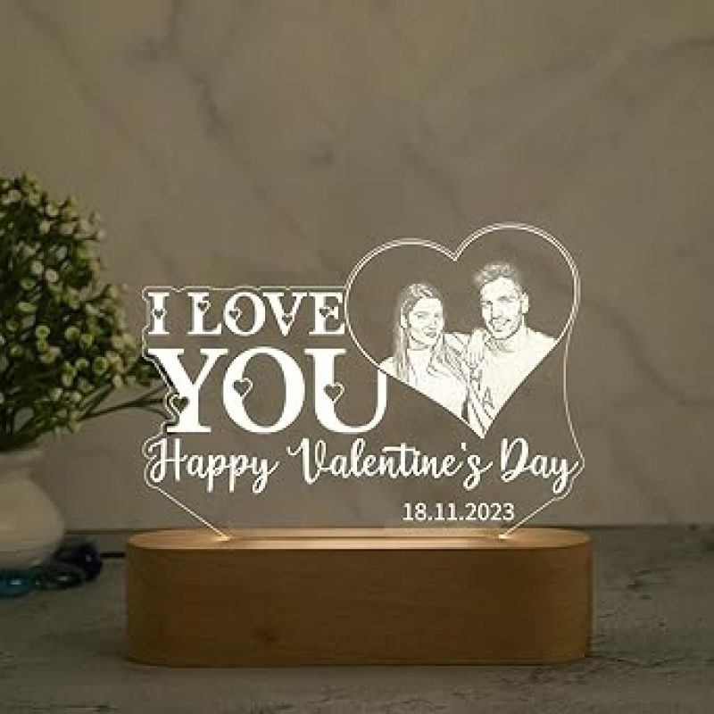 Personalized Happy Valentine Day Acrylic Led Lamp  Customized with Photo & Date  Warm White Light  Valentine Day Gift for Wife Husband Girlfriend Boyfriend