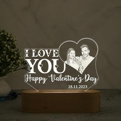 Personalized Happy Valentine Day Acrylic Led Lamp  Customized with Photo & Date  Warm White Light  Valentine Day Gift for Wife Husband Girlfriend Boyfriend