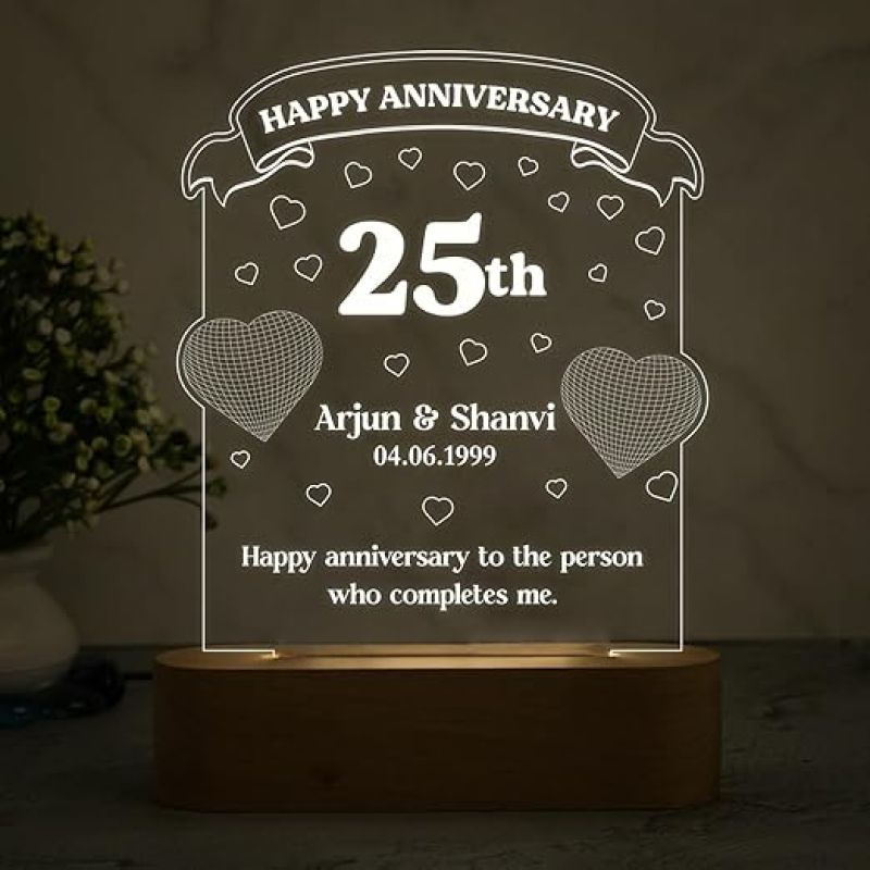 Personalized 25th Happy Anniversary Lamp for Couples Cool White Light Customized with Name Date & Text  Gift for Couple, Wife, Husband, Parents