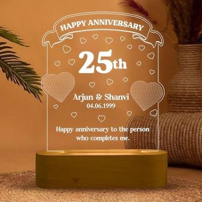 Personalized 25th Happy Anniversary Lamp for Couples Cool White Light Customized with Name Date & Text  Gift for Couple, Wife, Husband, Parents