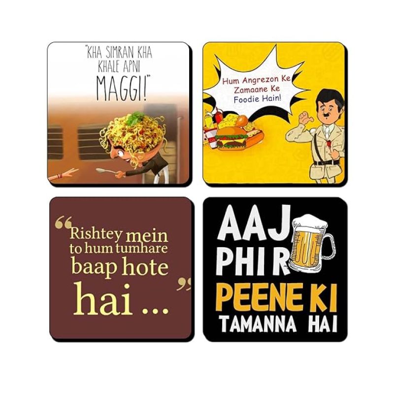Set of 4 Printed Wooden Coaster for Tea Cups, Coffee Mugs, Glasses and Bottles  Home and Kitchen, Office Table Decor  Dining Table Decor Accessories (Funny Quotes Coasters)