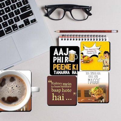 Set of 4 Printed Wooden Coaster for Tea Cups, Coffee Mugs, Glasses and Bottles  Home and Kitchen, Office Table Decor  Dining Table Decor Accessories (Funny Quotes Coasters)