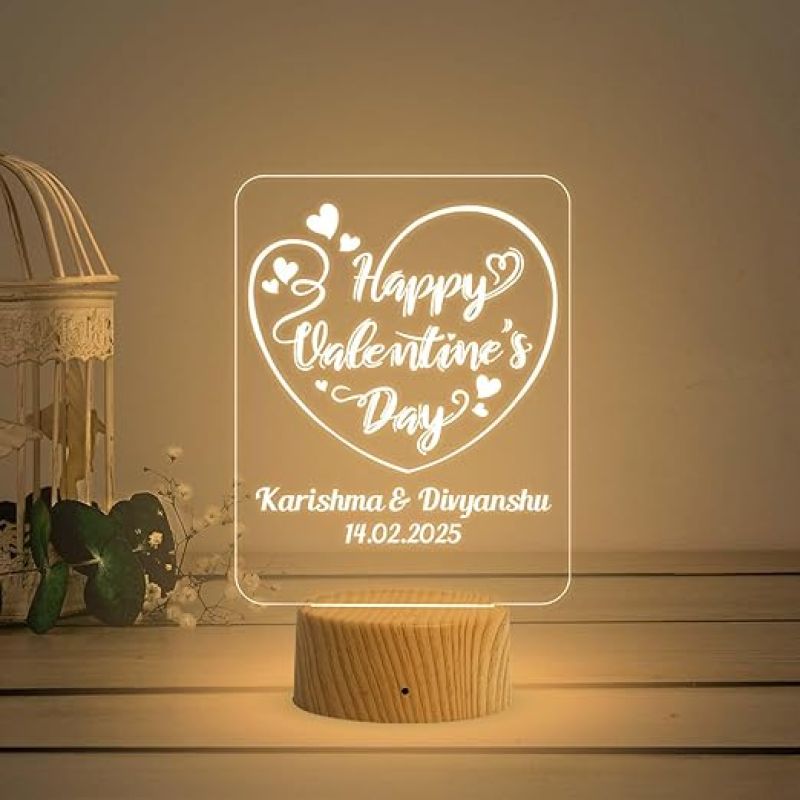 Personalized Happy Valentine Day Acrylic Led Desk Table  Customized with Name & Date  Warm White Light   Gift for Couple  Best Gift for Valentine Day