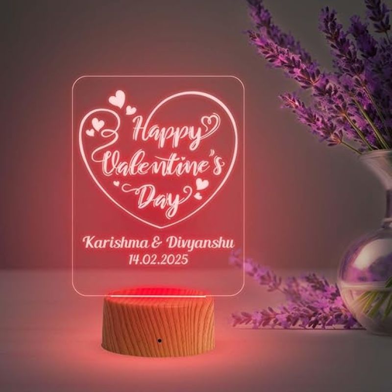 Personalized Happy Valentine Day Acrylic Led Desk Table | Customized with Name & Date  Automatic Color Changing Light  Gift for Couple  Best Gift for Valentine Day