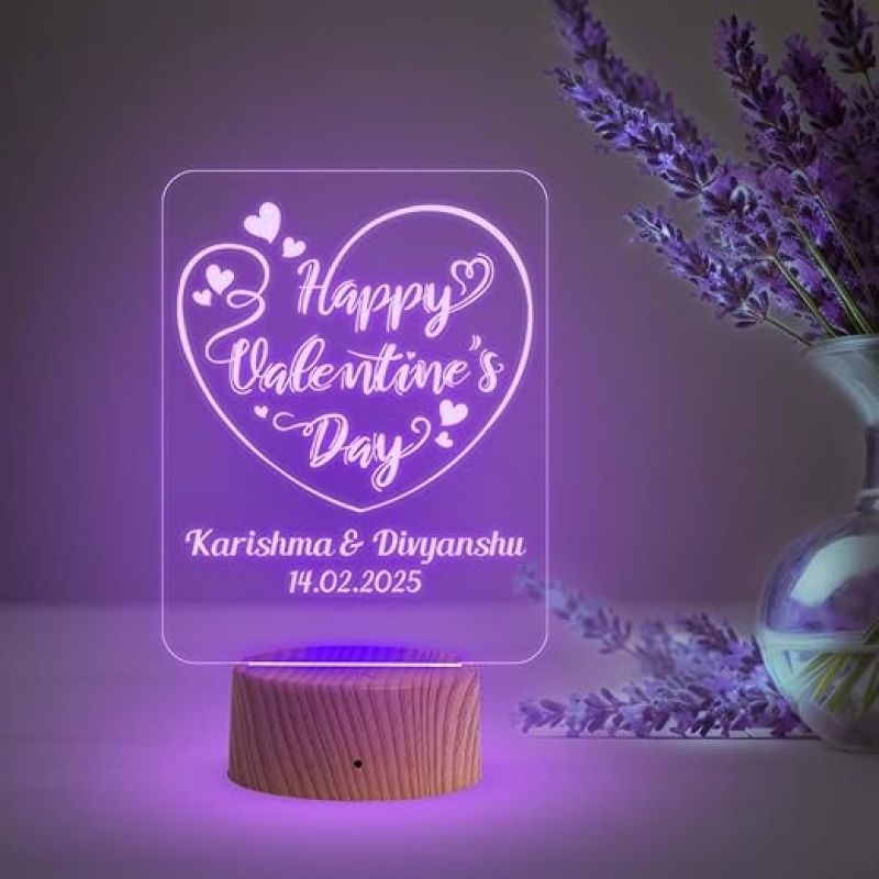 Personalized Happy Valentine Day Acrylic Led Desk Table | Customized with Name & Date  Automatic Color Changing Light  Gift for Couple  Best Gift for Valentine Day