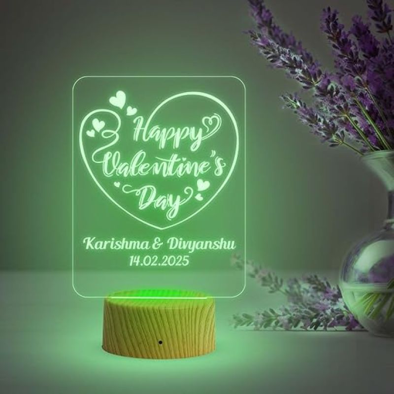 Personalized Happy Valentine Day Acrylic Led Desk Table | Customized with Name & Date  Automatic Color Changing Light  Gift for Couple  Best Gift for Valentine Day