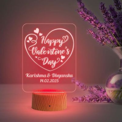 Personalized Happy Valentine Day Acrylic Led Desk Table | Customized with Name & Date  Automatic Color Changing Light  Gift for Couple  Best Gift for Valentine Day