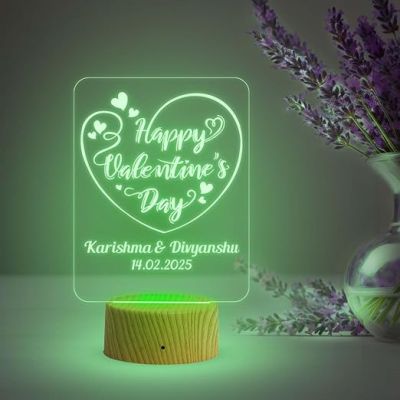 Personalized Happy Valentine Day Acrylic Led Desk Table | Customized with Name & Date  Automatic Color Changing Light  Gift for Couple  Best Gift for Valentine Day