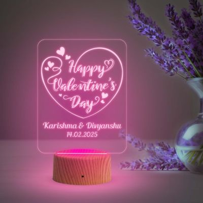 Personalized Happy Valentine Day Acrylic Led Desk Table | Customized with Name & Date  Automatic Color Changing Light  Gift for Couple  Best Gift for Valentine Day