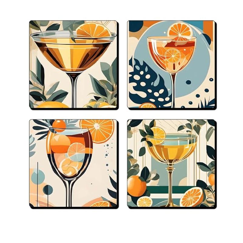 Set of 4 Printed Wooden Coaster for Tea Cups, Coffee Mugs, Glasses and Bottles  Home and Kitchen, Office Table Decor  Dining Table Decor Accessories (Cocktail Coaster)