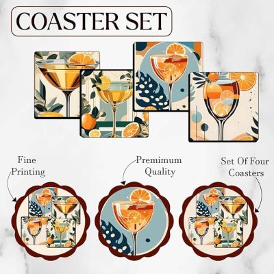 Set of 4 Printed Wooden Coaster for Tea Cups, Coffee Mugs, Glasses and Bottles  Home and Kitchen, Office Table Decor  Dining Table Decor Accessories (Cocktail Coaster)