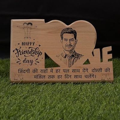 Happy Friendship Day Personalized wooden Photo Frame  Birthday Gift For Husband  Wife  Parents  Brother  Sister (5.7x8.8 Inch Tabletop) (Engraved Hindi Quote 2)