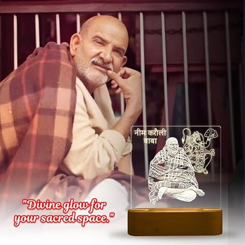 Neem Karoli Baba Acrylic Led Desk Table Lamp with Warm White Light & Wooden Base  Home & Office Decor Light  Pooja Room Decoration Light  Religious Night Lamp