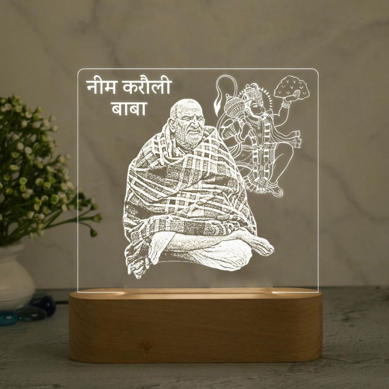 Neem Karoli Baba Acrylic Led Desk Table Lamp with Warm White Light & Wooden Base  Home & Office Decor Light  Pooja Room Decoration Light  Religious Night Lamp