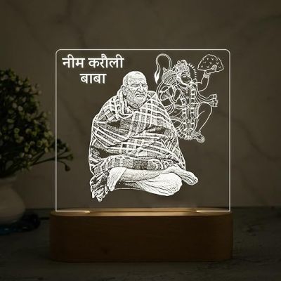 Neem Karoli Baba Acrylic Led Desk Table Lamp with Warm White Light & Wooden Base  Home & Office Decor Light  Pooja Room Decoration Light  Religious Night Lamp