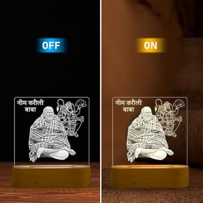 Neem Karoli Baba Acrylic Led Desk Table Lamp with Warm White Light & Wooden Base  Home & Office Decor Light  Pooja Room Decoration Light  Religious Night Lamp