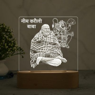 Neem Karoli Baba Acrylic Led Desk Table Lamp with Warm White Light & Wooden Base  Home & Office Decor Light  Pooja Room Decoration Light  Religious Night Lamp