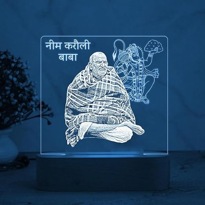 Neem Karoli Baba Acrylic Led Desk Table Lamp with 7 Color Changing Light & Wooden Base  Home & Office Decor Light  Pooja Room Decoration Light  Religious Night Lamp