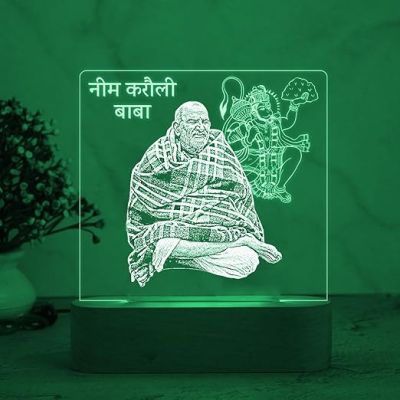 Neem Karoli Baba Acrylic Led Desk Table Lamp with 7 Color Changing Light & Wooden Base  Home & Office Decor Light  Pooja Room Decoration Light  Religious Night Lamp
