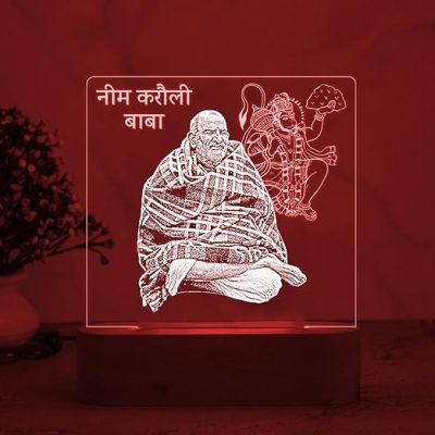 Neem Karoli Baba Acrylic Led Desk Table Lamp with 7 Color Changing Light & Wooden Base  Home & Office Decor Light  Pooja Room Decoration Light  Religious Night Lamp