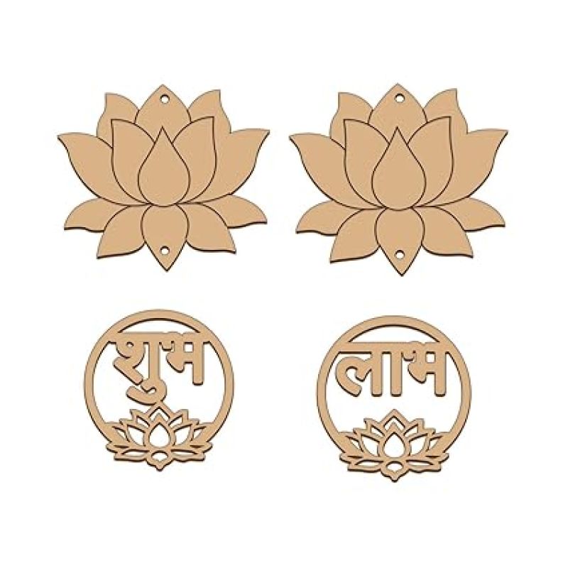 Shubh Labh Design Wooden Cutouts for Diwali Decorations  MDF Cutouts for Art and Craft MDF Hanging Cutouts  Festival Decoration (Subh Labh with Lotus)