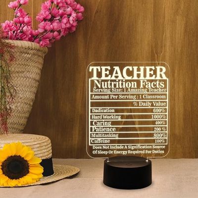 Teacher Nutrition Facts Engraved Acrylic Night Lamp with Warm White Light  Birthday Gift for Teacher  Teacher Day Gift  School Teacher Gift