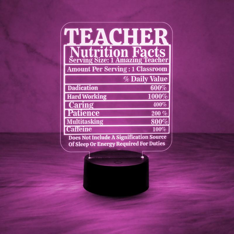 Teacher Nutrition Facts Engraved Acrylic Night Lamp with Automatic Color Changing Light  Birthday Gift for Teacher  Teacher Day Gift  School Teacher Gift