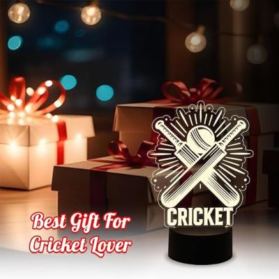 3D Illusion Cricket Bat with Ball  Gift for Cricket Lover  Warm White Light with Touch Control  Lamp for Sports Fans  Cricket Table Lamp