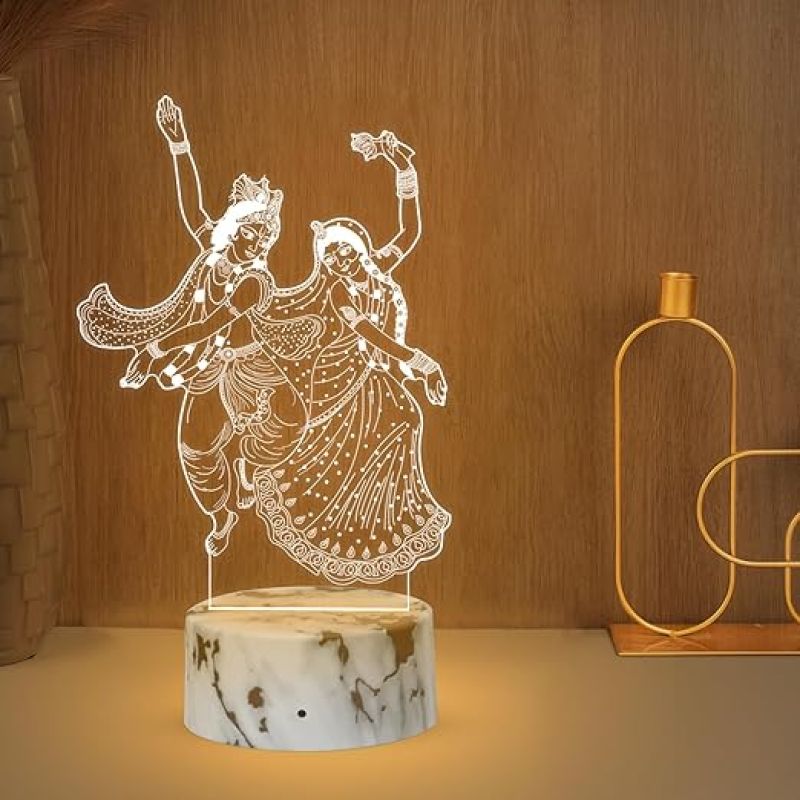 3D Illusion Radha Krishna Night Lamp with Warm White Light Bedside Desk Table Light  Pooja Room Decor Light  Religious Night Lamp