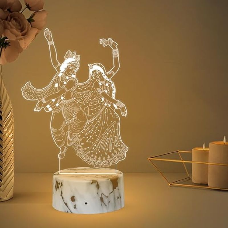 3D Illusion Radha Krishna Night Lamp with Warm White Light Bedside Desk Table Light  Pooja Room Decor Light  Religious Night Lamp