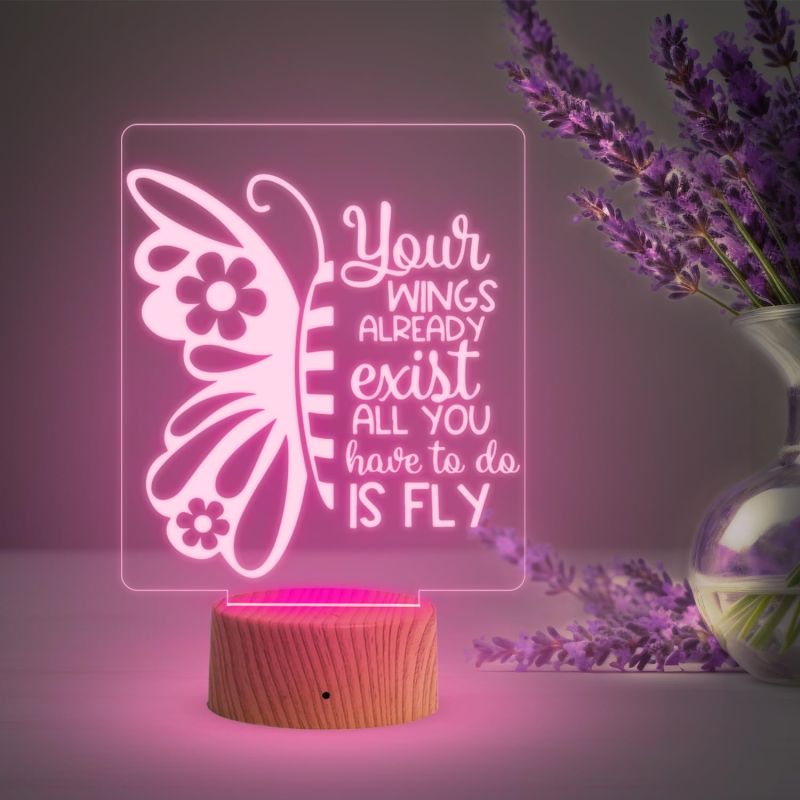 3D Illusion Butterfly Night Lamp & Positive Thought Led Desk Table Lamp with Automatic Color Changing Light  Motivational Lamp  Birthday Gift Lamp