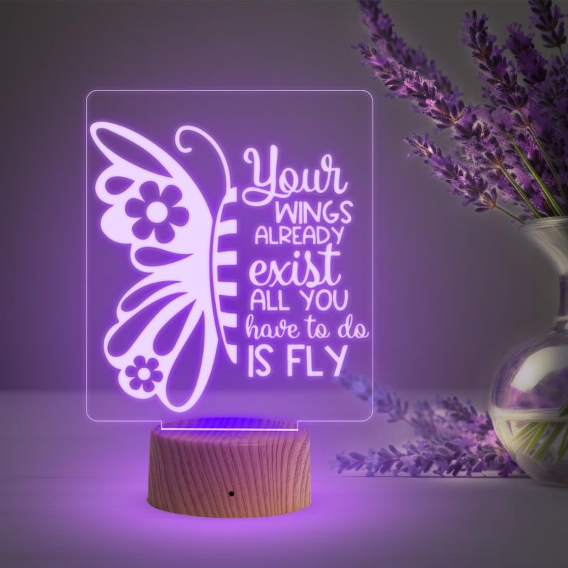 3D Illusion Butterfly Night Lamp & Positive Thought Led Desk Table Lamp with Automatic Color Changing Light  Motivational Lamp  Birthday Gift Lamp