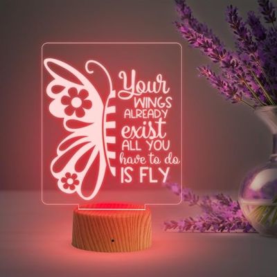 3D Illusion Butterfly Night Lamp & Positive Thought Led Desk Table Lamp with Automatic Color Changing Light  Motivational Lamp  Birthday Gift Lamp