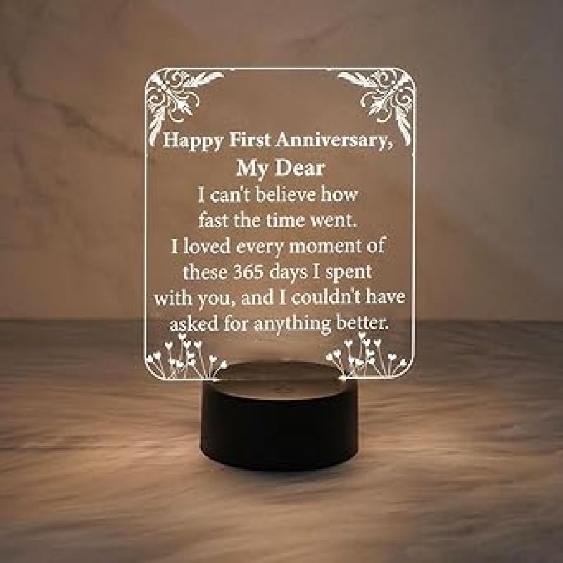 1st Anniversary Gift for Wife  Wishing Anniversary Engraved Night Lamp with Warm White Light  Thankyou Gift for Wife