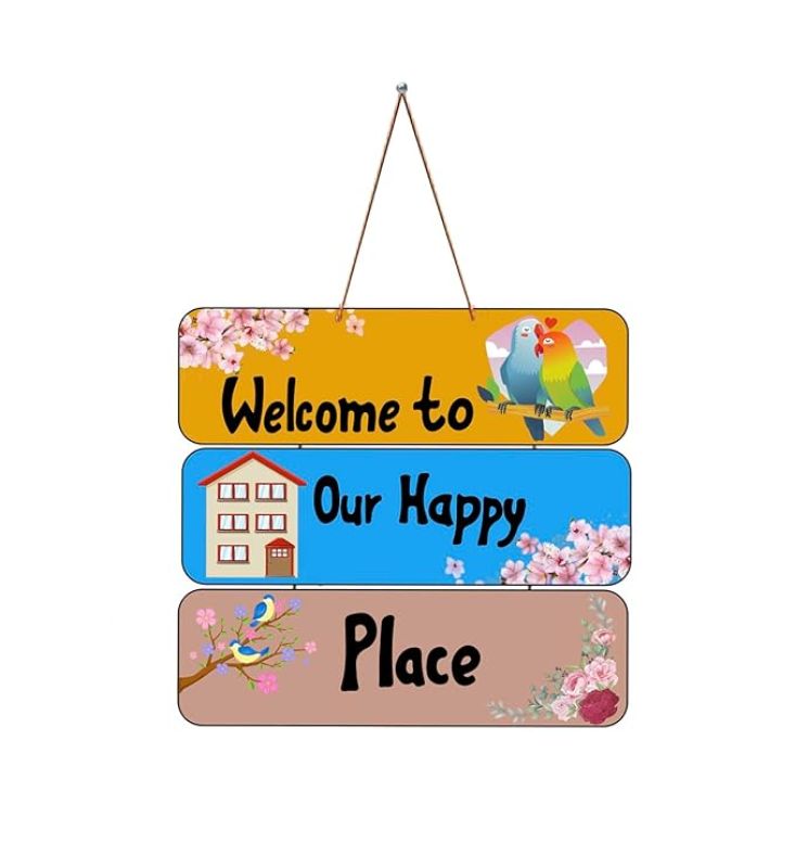 Motivational Quotes Printed Decorative Wall Hanging for Living Room  Bedroom  Office  Gift  Decoration Items for Home  Wall Art For Hall  Modern Wall Decoration (Welcome to our happy place)