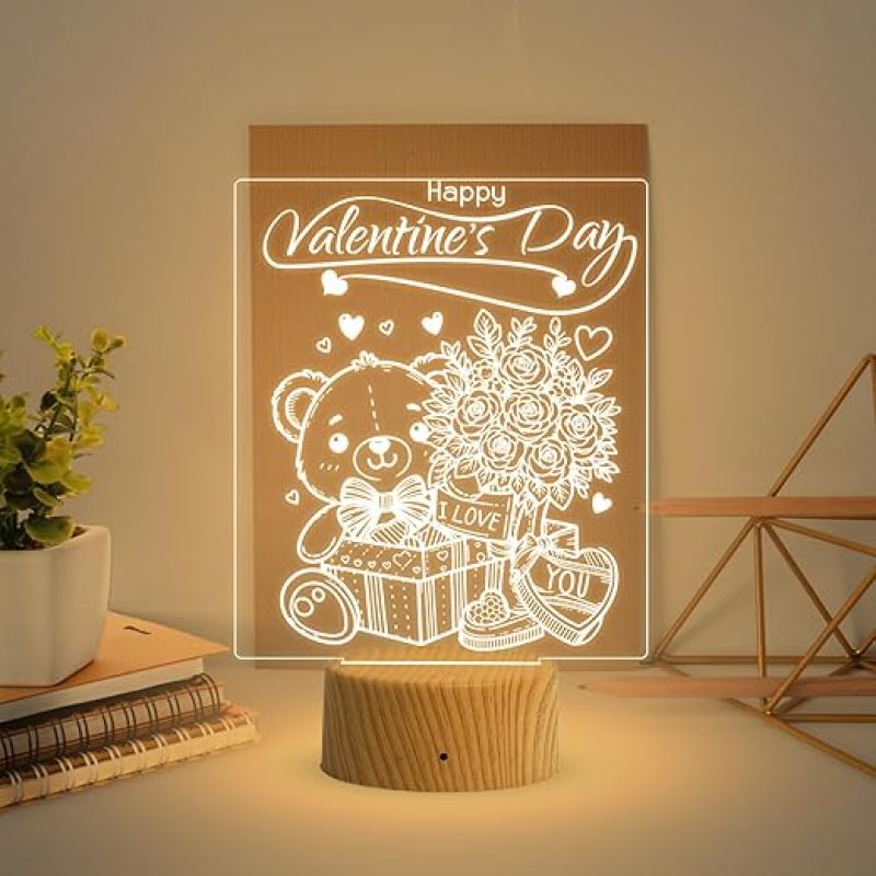 Cute Teddy Happy Valentine Day Night Lamp with Warm White Color Light Teddy Day Gift for Husband Wife Boyfriend Girlfriend  Love Lamp Light