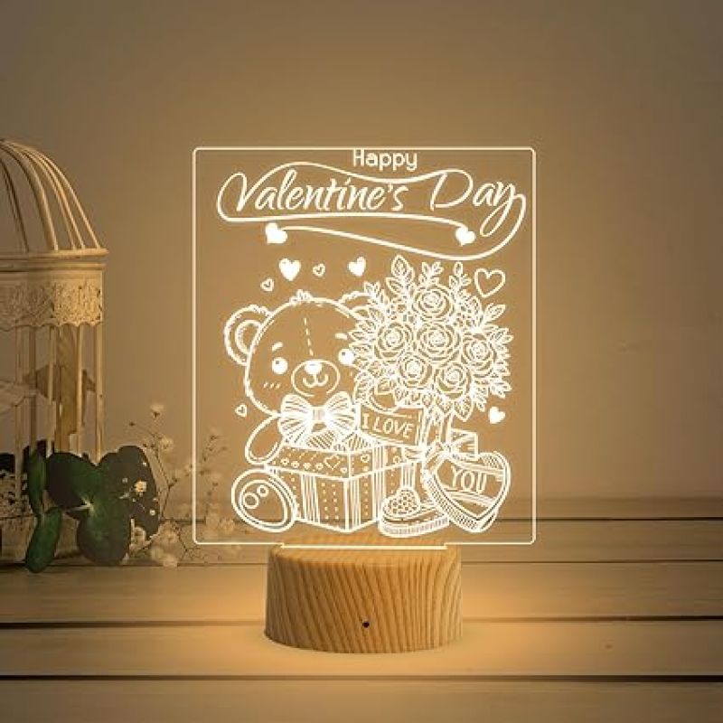 Cute Teddy Happy Valentine Day Night Lamp with Warm White Color Light Teddy Day Gift for Husband Wife Boyfriend Girlfriend  Love Lamp Light