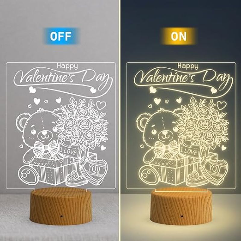 Cute Teddy Happy Valentine Day Night Lamp with Warm White Color Light Teddy Day Gift for Husband Wife Boyfriend Girlfriend  Love Lamp Light