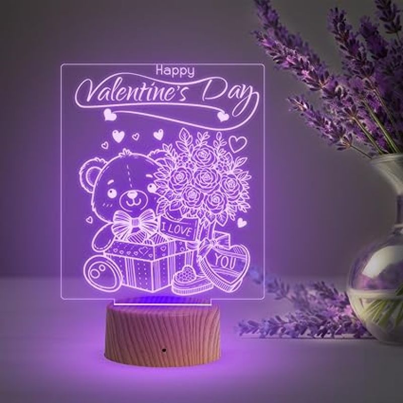 Cute Teddy Happy Valentine Day Night Lamp with 7 Color Changing Light   Teddy Day Gift for Husband Wife Boyfriend Girlfriend  Love Lamp Light