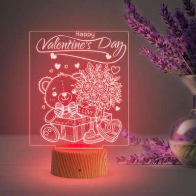 Cute Teddy Happy Valentine Day Night Lamp with 7 Color Changing Light   Teddy Day Gift for Husband Wife Boyfriend Girlfriend  Love Lamp Light