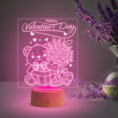 Cute Teddy Happy Valentine Day Night Lamp with 7 Color Changing Light   Teddy Day Gift for Husband Wife Boyfriend Girlfriend  Love Lamp Light