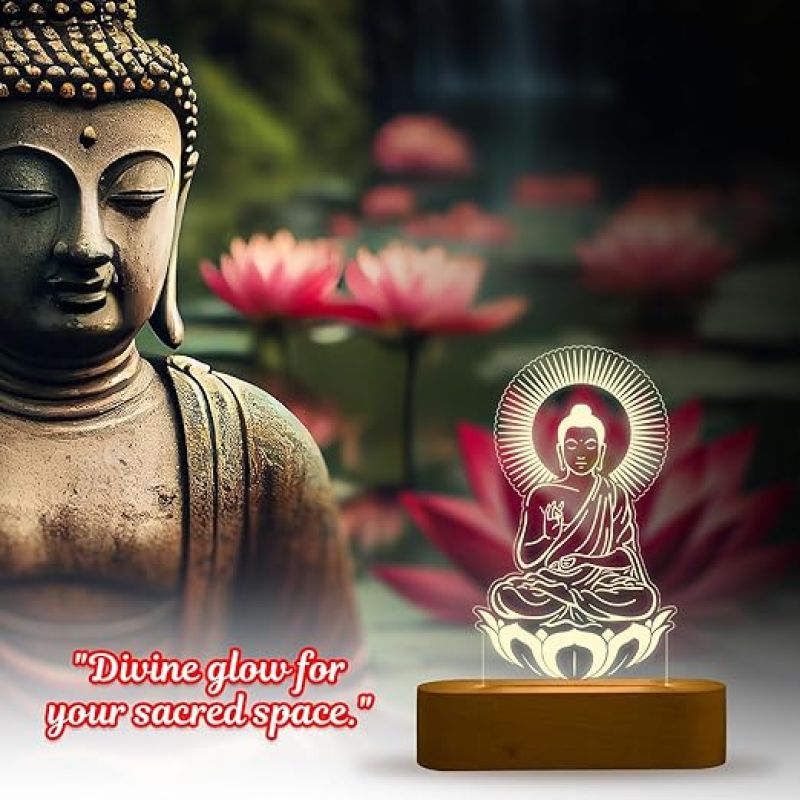 3D Illusion Buddha Night Lamp Warm White Light & Wooden Base  Home & Pooja Room Decor Light  Blessing Gift for Friends  Religious Night Lamp  Bedroom Décor Light