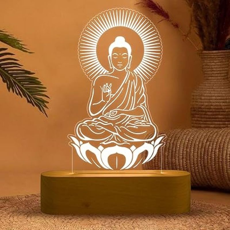 3D Illusion Buddha Night Lamp Warm White Light & Wooden Base  Home & Pooja Room Decor Light  Blessing Gift for Friends  Religious Night Lamp  Bedroom Décor Light