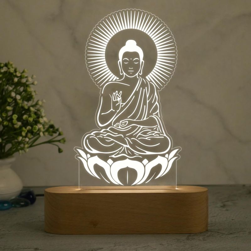 3D Illusion Buddha Night Lamp Warm White Light & Wooden Base  Home & Pooja Room Decor Light  Blessing Gift for Friends  Religious Night Lamp  Bedroom Décor Light