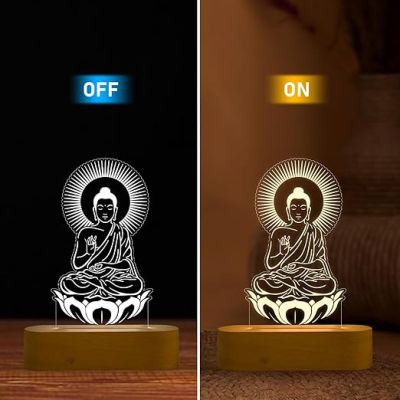 3D Illusion Buddha Night Lamp Warm White Light & Wooden Base  Home & Pooja Room Decor Light  Blessing Gift for Friends  Religious Night Lamp  Bedroom Décor Light