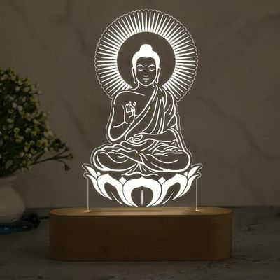 3D Illusion Buddha Night Lamp Warm White Light & Wooden Base  Home & Pooja Room Decor Light  Blessing Gift for Friends  Religious Night Lamp  Bedroom Décor Light